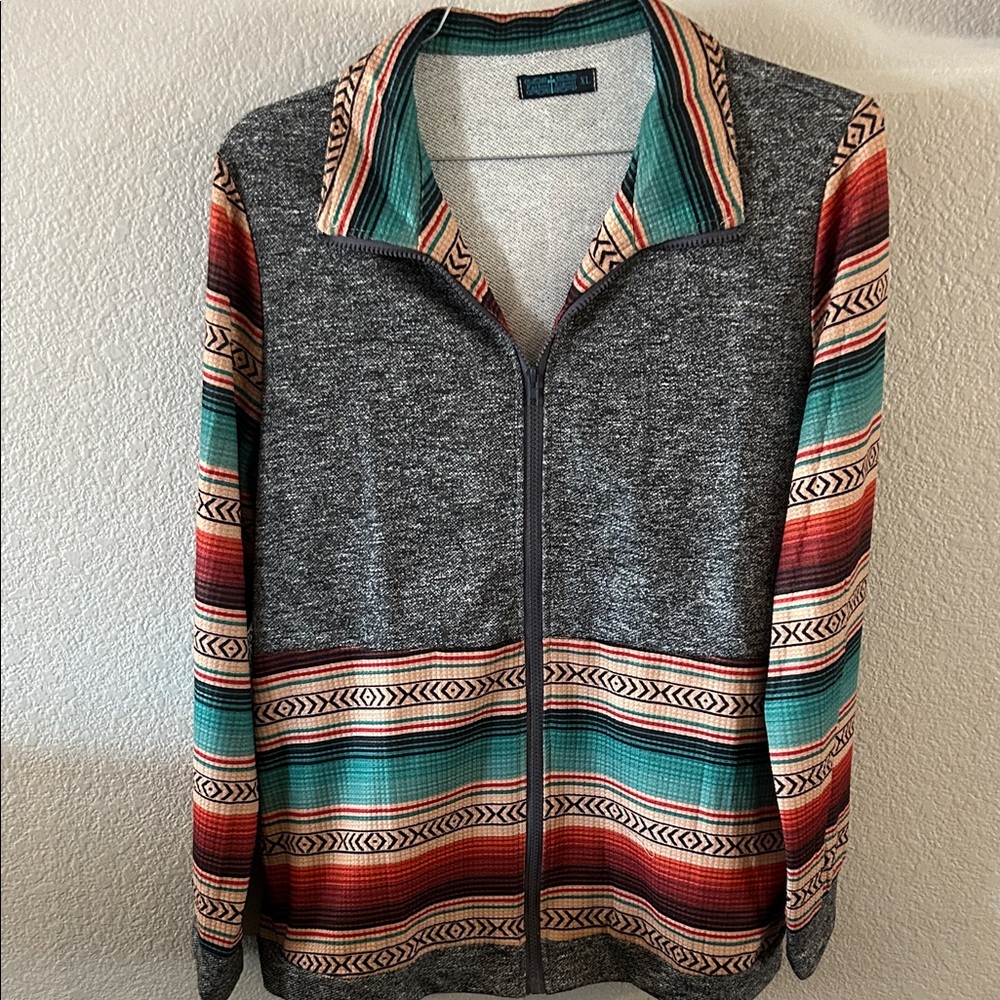 Women's Gray Zip-Up Jacket with Turquoise & Red Stripe Accents